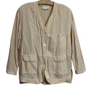 Vintage Cache Linen Blend Cardigan Jacket Beige Mixed Media Button Front M